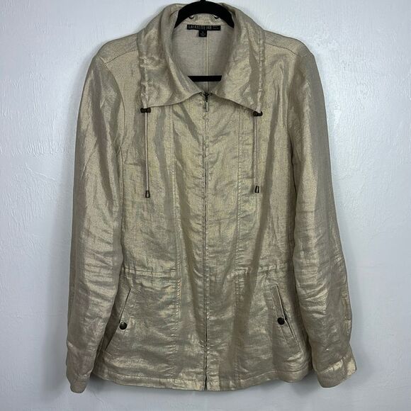 Lafayette 148 New York Linen Full Zip Metallic Beige Gold Jacket Size L - Picture 1 of 11